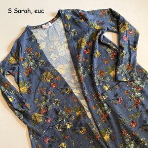 Small Lularoe Sarah cardigan sweater, blue with multi roses